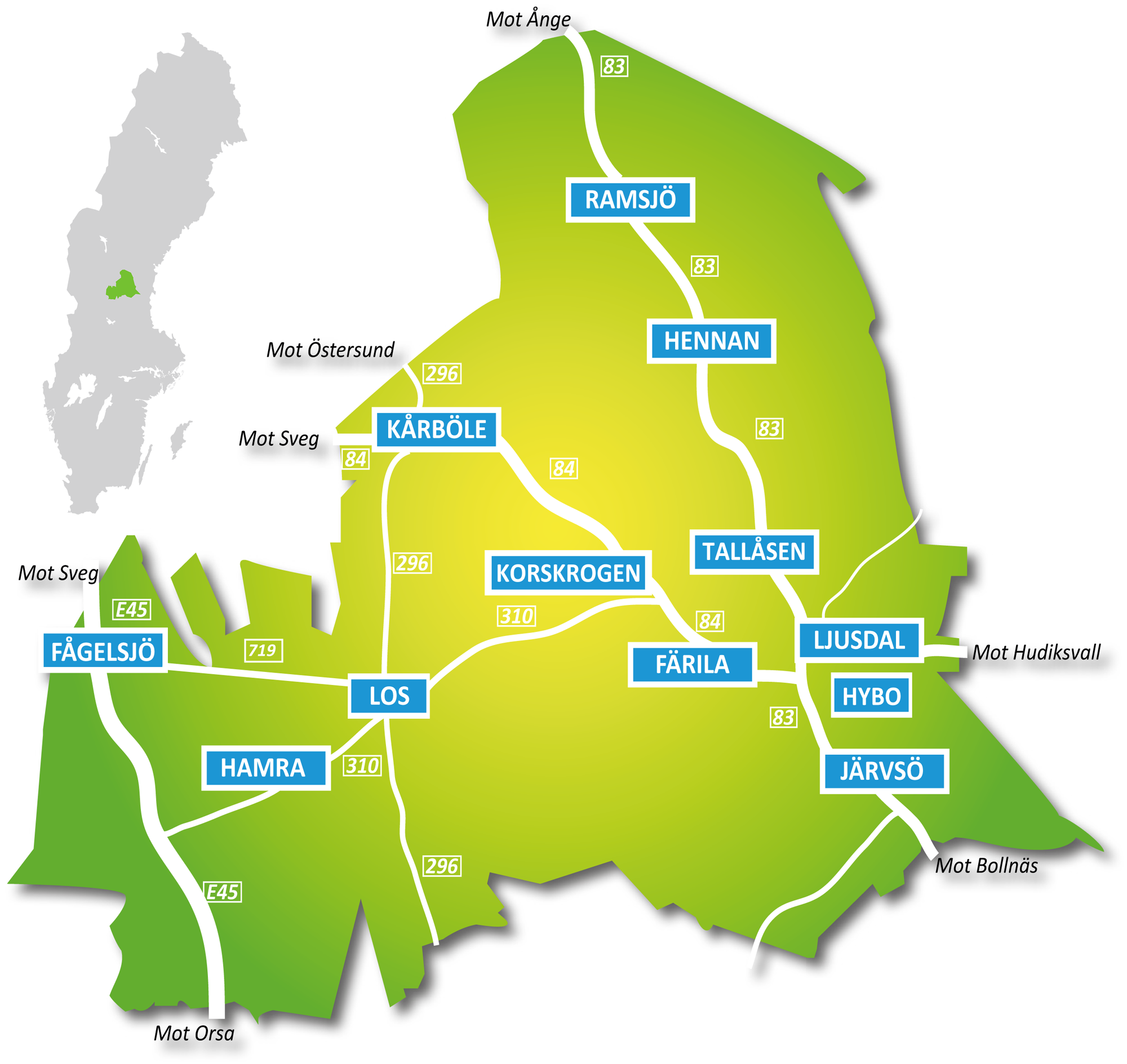 Karta över Ljusdals kommun med orter